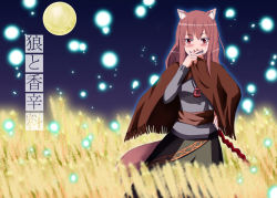 Rule 34 | 00s, 1girl, animal ears, cape, covering own mouth, field, full moon, glowing, grin, hand on own hip, hand over mouth, hand over own mouth, hip focus, holo, jewelry, long hair, mino (tyu), moon, naughty face, necklace, night, night sky, outdoors, pink hair, pouch, red eyes, sash, skirt, sky, smile, solo, spice and wolf, standing, tail, wheat, wolf ears, wolf tail