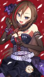 Rule 34 | 1girl, belt, black gloves, black skirt, blue eyes, bracelet, breasts, brown hair, chest tattoo, cleavage, commentary request, cowboy shot, cross-laced clothes, detached collar, dress, ear piercing, elbow gloves, floral print, frilled dress, frills, gloves, hair between eyes, hair ribbon, highres, holding, holding microphone, jewelry, kurusu natsume, kurusu natsume (old design), layered dress, long hair, medium breasts, microphone, multicolored hair, nijisanji, open mouth, piercing, purple ribbon, red background, red hair, ribbon, rose print, sheep, skirt, solo, strapless, strapless dress, streaked hair, tattoo, tyobis., virtual youtuber, white belt, zipper