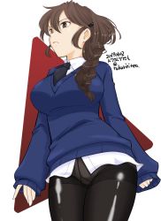 Rule 34 | 1girl, artist name, black necktie, black pantyhose, blue sweater, braid, brown eyes, brown hair, closed mouth, commentary, cowboy shot, dated, dress shirt, frown, girls und panzer, hair over shoulder, long hair, long sleeves, necktie, no pants, one-hour drawing challenge, panties, panties under pantyhose, pantyhose, rukuriri (girls und panzer), rukuriritea, school uniform, shirt, single braid, solo, st. gloriana&#039;s school uniform, standing, sweater, thighband pantyhose, twitter username, underwear, v-neck, white shirt, wing collar