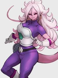 Rule 34 | 1girl, android 21, black sclera, bodysuit, breasts, cheelai, cheelai (cosplay), colored sclera, colored skin, cosplay, dragon ball, dragon ball fighterz, dragon ball super, dragon ball super broly, earrings, gloves, grey background, hair between eyes, hoop earrings, jewelry, kemachiku, long hair, looking at viewer, majin android 21, medium breasts, pink hair, pink skin, purple bodysuit, red eyes, simple background, smile, solo, tail, white gloves