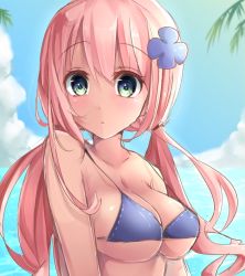Rule 34 | 1girl, bare shoulders, bikini, blue bikini, blush, breasts, cleavage, cloud, day, green eyes, hair ornament, large breasts, long hair, looking at viewer, low twintails, navy (navy.blue), ocean, original, pink hair, sky, solo, strap gap, swimsuit, tan, twintails, upper body