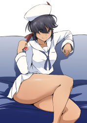 Rule 34 | 10s, 1girl, arakure, black eyes, black hair, blouse, blue neckerchief, closed mouth, commentary request, cup, dark-skinned female, dark skin, dixie cup hat, drinking glass, eyes visible through hair, girls und panzer, hair over one eye, hair ribbon, hat, highres, holding, legs, long hair, long sleeves, looking at viewer, military hat, miniskirt, neckerchief, ogin (girls und panzer), pleated skirt, ponytail, red ribbon, ribbon, sailor, shirt, shot glass, sitting, skirt, smile, solo, thighs, white hat, white shirt, white skirt
