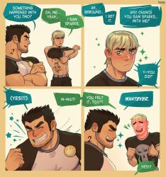 Rule 34 | 2boys, abs, absurdres, bara, black hair, black shirt, blush, brown hair, closed mouth, crossed arms, english text, facial hair, helbai, highres, large pectorals, looking at another, lucas lee, male focus, multiple boys, muscular, muscular male, navel, open mouth, pectorals, scott pilgrim (series), scott pilgrim takes off, shirt, smile, stomach tattoo, tattoo, teeth, todd ingram, two-tone shirt, wallace wells, white shirt, yaoi
