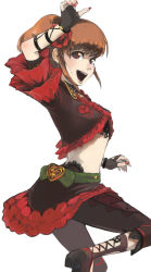 Rule 34 | 00s, 1girl, brown eyes, brown hair, dancer, dancing, final fantasy, final fantasy xi, flamenco, flower, hair flower, hair ornament, happy, hume, looking at viewer, midriff, nail polish, open mouth, simple background, smile, solo, white background