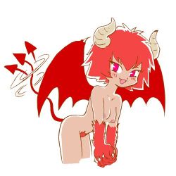 Rule 34 | 1girl, breasts, demon girl, food, fruit, horns, looking at viewer, lowres, melon, monster girl, nipples, nude, pukao, red eyes, red hair, simple background, small breasts, solo, tail, wings