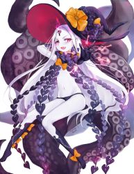 Rule 34 | 1girl, :d, abigail williams (fate), abigail williams (third ascension) (fate), black bow, black gloves, black hat, black panties, black socks, blush, bow, colored skin, commentary request, elbow gloves, fang, fate/grand order, fate (series), gloves, hat, hat bow, highres, key, kneehighs, long hair, looking at viewer, mangoduck, open mouth, orange bow, outstretched arm, pale skin, panties, parted bangs, print bow, purple eyes, revealing clothes, simple background, smile, socks, solo, star (symbol), star print, suction cups, tentacles, topless, underwear, very long hair, white background, white hair, white skin, witch hat