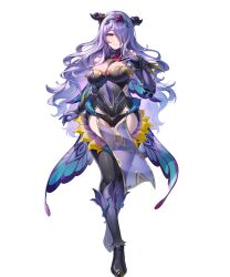 Rule 34 | 1girl, black panties, black thighhighs, breasts, camilla (fire emblem), camilla (resplendent) (fire emblem), cleavage, fake horns, fire emblem, fire emblem fates, fire emblem heroes, full body, gloves, gomashio ponz, hair over one eye, highres, horns, large breasts, long hair, looking at viewer, nintendo, non-web source, official alternate costume, official art, panties, purple eyes, purple gloves, purple hair, simple background, smile, solo, tachi-e, thighhighs, thighs, underwear, wavy hair, white background
