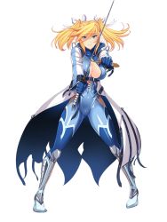 Rule 34 | 00s, 1girl, armor, armored boots, belt, blonde hair, blue eyes, bodysuit, boots, breasts, buckle, center opening, cleavage, closed mouth, coat, collarbone, covered erect nipples, covered navel, cross-laced clothes, dagger, dual wielding, eyebrows, eyes visible through hair, fighting stance, fishnets, full body, gloves, hair between eyes, hair ribbon, high collar, holding, holding sword, holding weapon, knife, large breasts, legs apart, light smile, long sleeves, looking at viewer, ninja, official art, open belt, open clothes, outstretched arms, pointy ears, ribbon, shinganji kurenai, shiny clothes, short twintails, sidelocks, skin tight, smile, solo, standing, studded belt, swept bangs, sword, taimanin (series), taimanin asagi, taimanin kurenai, thighhighs, thighs, transparent background, trench coat, turtleneck, twintails, underbust, weapon, white background, white ribbon, zol