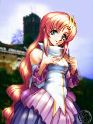 Rule 34 | 00s, 1girl, :d, bare shoulders, blue eyes, blush, breasts, cowboy shot, detached sleeves, dress, fingernails, frilled sleeves, frills, gundam, gundam seed, hisahiko, lacus clyne, long hair, looking at viewer, medium breasts, nail polish, open mouth, outdoors, parted lips, pink nails, red hair, sleeveless, sleeveless dress, smile, solo, teeth, turtleneck, very long hair, wavy mouth, white dress