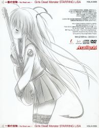 Rule 34 | angel beats!, cowboy shot, demon tail, from side, greyscale, guitar, hair ribbon, hatching (texture), highres, holding, holding instrument, instrument, leaning forward, linear hatching, monochrome, non-web source, object kiss, official art, ribbon, scan, school uniform, serafuku, skirt, solo, tail, thigh strap, thighhighs, two side up, yui (angel beats!), zettai ryouiki