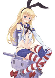 Rule 34 | 1girl, absurdres, black panties, blonde hair, blue eyes, blush, closed mouth, elbow gloves, gloves, highleg, highleg panties, highres, kantai collection, looking at viewer, microskirt, navel, panties, rensouhou-chan, sailor collar, scan, shimakaze (kancolle), simple background, sitting, skirt, sleeveless, solo, stomach, striped clothes, striped thighhighs, thighhighs, underwear, white gloves, yahako