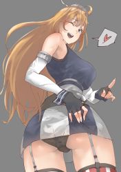 Rule 34 | 1girl, absurdres, ahoge, ass, bad id, bad twitter id, bare shoulders, black gloves, black panties, blonde hair, blush, breasts, cowboy shot, fingerless gloves, from behind, from below, garter straps, gloves, grey background, hand on own ass, hat, heart, highres, iowa (kancolle), kantai collection, large breasts, long hair, looking back, one eye closed, open mouth, panties, pantyshot, simple background, solo, spoken heart, standing, striped clothes, striped thighhighs, teeth, thighhighs, twisted torso, two-tone gloves, two-tone skirt, underwear, upper body, uru (uru0000), v, white gloves