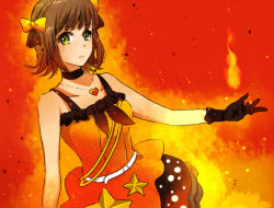 Rule 34 | 1girl, amami haruka, bow, brown hair, choker, dress, female focus, fire, gloves, gradient background, green eyes, hair bow, heart, idolmaster, idolmaster (classic), jewelry, live for venus, masaki (celesta), outstretched arm, outstretched hand, pendant, short hair, solo, star (symbol)