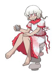 Rule 34 | 1girl, :d, absurdres, commentary, ebisu eika, eddybird55555, full body, highres, long earlobes, looking at viewer, open mouth, rock, shirt, short hair, simple background, sitting, skirt, smile, solo, stacking, touhou, white background, white hair, white shirt, white skirt