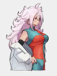 Rule 34 | 1girl, android 21, breasts, checkered clothes, checkered dress, dragon ball, dragon ball fighterz, dress, earrings, glasses, grey background, hair between eyes, hoop earrings, jewelry, kemachiku, lab coat, large breasts, long hair, looking away, majin android 21, pink hair, red eyes, simple background, solo