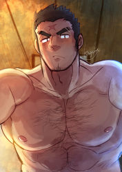 Rule 34 | 1boy, absurdres, bara, chest hair, closed mouth, cross scar, eyebrow cut, facial hair, highres, houzouin oniwaka, kageru (mofnyan), large pectorals, long sideburns, male focus, mature male, muscular, muscular male, nipples, pectorals, scar, scar on face, scar on forehead, short hair, sideburns, solo, stubble, textless version, thick eyebrows, tokyo houkago summoners, upper body