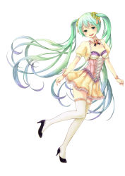 Rule 34 | 1girl, collar, corset, female focus, green eyes, green hair, hatsune miku, high heels, highres, legs, long hair, matching hair/eyes, open mouth, punyoko, simple background, skirt, solo, thighhighs, twintails, very long hair, vocaloid, white background