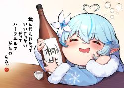 Rule 34 | 1girl, ahoge, blue hair, blush, bottle, chibi, choko (cup), coat, cup, drooling, drunk, flower, fur-trimmed coat, fur trim, hair flower, hair ornament, half updo, heart, heart ahoge, highres, hololive, long hair, long sleeves, mikan (chipstar182), mouth drool, open mouth, pointy ears, sake bottle, snowflake print, solo, squeans, translation request, virtual youtuber, yukihana lamy