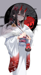 Rule 34 | 1girl, absurdres, arrow (projectile), black hair, bracelet, chinese zodiac, clenched hands, closed mouth, commentary, earrings, ema, expressionless, fang, fang out, floral print, fur trim, gradient kimono, hair between eyes, hair ribbon, half-closed eyes, happy new year, highres, holding, holding arrow, holding wallet, horns, japanese clothes, jewelry, kimono, kooemong, long hair, long sleeves, looking at viewer, new year, obi, oni, oni horns, original, pointy ears, ponytail, red kimono, red ribbon, ribbon, sash, sidelocks, solo, standing, two-tone kimono, wallet, white kimono, wide sleeves, women&#039;s wallet, year of the tiger, yin yang, yin yang print