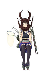 Rule 34 | 10s, 1girl, bad id, bad pixiv id, beetle, blush, brown eyes, brown hair, bug, double v, helmet, bug, japanese clothes, kaga (kancolle), kantai collection, onsen nakaya, personification, revision, sandals, side ponytail, sitting, skirt, solo, thighhighs, v