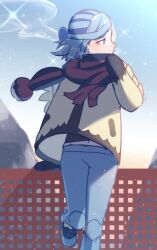 Rule 34 | 1boy, black shirt, blue footwear, blue hair, blush, boots, commentary request, creatures (company), day, fence, game freak, grusha (pokemon), hand up, highres, jacket, leg up, looking to the side, male focus, mittens, mocacoffee 1001, nintendo, outdoors, pants, poke ball print, pokemon, pokemon sv, scarf, shirt, signature, sky, solo, sparkle, striped clothes, striped scarf, yellow jacket