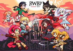 Rule 34 | 2boys, 6+girls, ahoge, black hair, blake belladonna, blonde hair, breasts, cape, castle, changpao, chibi, chinese clothes, cleavage, copyright name, elbow gloves, forehead protector, gloves, gorget, heiqi (sharpface), jaune arc, lie ren, long hair, multiple boys, multiple girls, nora valkyrie, pantyhose, purple eyes, pyrrha nikos, red hair, ruby rose, rwby, scythe, shield, short hair, smile, sweatdrop, sword, weapon, weiss schnee, white hair, yang xiao long