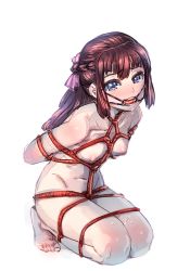 Rule 34 | 1girl, arms behind back, barefoot, bdsm, bit gag, blue eyes, blush, bondage, bound, bound arms, bow (bhp), box tie, braid, breasts, brown hair, collarbone, drooling, french braid, full body, gag, gagged, hair ribbon, kneeling, long hair, looking at viewer, navel, nipples, nude, original, red rope, ribbon, rope, saliva, shibari, simple background, solo, tears, white background