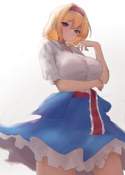 Rule 34 | 1girl, absurdres, alice margatroid, arm under breasts, blonde hair, blue eyes, blue skirt, breasts, closed mouth, collared shirt, commentary request, frilled skirt, frills, hairband, highres, large breasts, looking at viewer, moriforest1040, red hairband, shirt, short hair, short sleeves, simple background, skirt, solo, touhou, white background, white shirt