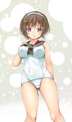 Rule 34 | 1girl, adapted costume, blush, breasts, brown eyes, brown hair, brown sailor collar, cowboy shot, gluteal fold, gradient background, grey background, hairband, hand on own chest, highres, kantai collection, leotard, looking at viewer, medium breasts, natori (kancolle), one-piece swimsuit, open mouth, playboy bunny, sailor collar, short hair, solo, swimsuit, white hairband, white one-piece swimsuit, yashin (yasinz)