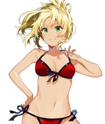 Rule 34 | 1girl, bare arms, bikini, blonde hair, breasts, cleavage, cowboy shot, fate/apocrypha, fate (series), front-tie bikini top, front-tie top, green eyes, halterneck, hand on own hip, looking at viewer, medium breasts, mordred (fate), mordred (fate/apocrypha), mordred (swimsuit rider) (first ascension) (fate), red bikini, side-tie bikini bottom, simple background, smile, solo, swimsuit, tan, tanline, white background, yuzuki kihiro