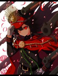 Rule 34 | 1girl, black hair, crest, family crest, fate/grand order, fate (series), hair over one eye, hand on headwear, hat, highres, koha-ace, letterboxed, long hair, military, military uniform, oda nobunaga (fate), oda nobunaga (koha-ace), petals, red eyes, shiime, smile, solo, uniform
