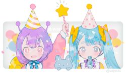 Rule 34 | 2girls, antennae, arm up, balloon, blue eyes, blue hair, blue neckwear, bow, commentary request, confetti, hair bow, hair ornament, hairclip, hat, holding, holding wand, long hair, looking at viewer, mole, mole under eye, multiple girls, neck ribbon, party hat, pechika, purple hair, purple neckwear, ramune, red eyes, ribbon, short hair, smile, snail girl, snailchan, snails house, star (symbol), twintails, twitter username, upper body, wand, yellow bow