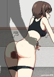 Rule 34 | 1boy, 1girl, animated, ass, black sports bra, breasts, brown eyes, brown hair, buruma, buruma pull, closed mouth, clothes pull, cum, cum in pussy, girls und panzer, hetero, medium breasts, nishizumi maho, pixel art, pumping, sex, short hair, sports bra, standing, standing sex, time stop, torso grab, vaginal, video, younashi 346