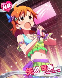 Rule 34 | 10s, ahoge, blush, bridal gauntlets, brown eyes, brown hair, bug, butterfly, butterfly hair ornament, character name, earrings, hair ornament, idolmaster, idolmaster million live!, insect, jewelry, microphone, midriff, music, navel, necklace, official art, short hair, singing, solo, stage, yabuki kana