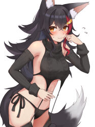 Rule 34 | 1girl, :3, absurdres, alternate costume, animal ear fluff, animal ears, bare shoulders, black hair, black panties, black sleeves, black sweater, black thighhighs, blush, breasts, closed mouth, detached sleeves, flying sweatdrops, hair ornament, hairpin, highres, hololive, large breasts, long hair, looking at viewer, meme attire, micon, midriff, multicolored hair, ookami mio, orange eyes, panties, red hair, ribbed panties, ribbed sleeves, side-tie panties, simple background, sleeveless, sleeveless sweater, solo, streaked hair, sweater, tail, thighhighs, underboob, underwear, virgin destroyer sweater, virtual youtuber, white background, wolf ears, wolf tail