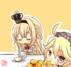 Rule 34 | 10s, 2girls, ahoge, artist name, blonde hair, blue eyes, braid, chibi, commentary, crown, cup, dress, eating, flower, french braid, hairband, headgear, highres, iowa (kancolle), kantai collection, logo, long hair, long sleeves, looking at viewer, mini crown, multiple girls, off-shoulder dress, off shoulder, pouring, red flower, red ribbon, red rose, ribbon, rose, scone, simple background, star-shaped pupils, star (symbol), symbol-shaped pupils, taisa (kari), tea set, teacup, teapot, warspite (kancolle), white dress, yellow background
