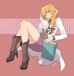 Rule 34 | 1girl, artist name, blonde hair, book, boots, braid, breasts, brown background, cleavage, earrings, glasses, hair ribbon, high heels, jewelry, lab coat, milcho, mole, open clothes, open shirt, original, parted lips, ribbon, shirt, shoes, sidelocks, simple background, single braid, sitting, skirt, solo, yellow eyes