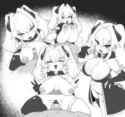 Rule 34 | 1boy, 1girl, :d, absurdres, arm strap, bar censor, breasts, censored, cleavage, double w, elbow gloves, flamberge lo, gloves, greyscale, hetero, highres, horns, large breasts, long hair, looking at viewer, monochrome, navel, nipples, open mouth, original, paizuri, penis, pov, pussy, sex, smile, thighhighs, tongue, tongue out, twintails, vaginal, w
