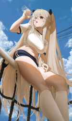 Rule 34 | 1girl, absurdres, alternate costume, anchorage (azur lane), azur lane, blonde hair, blue shorts, blue sky, bottle, breasts, capsule, cloud, commentary, day, drinking, feet out of frame, from behind, gym uniform, hair intakes, hand on own thigh, highres, holding, holding bottle, kneehighs, l ract, large breasts, long hair, looking ahead, midriff, navel, on railing, outdoors, parted lips, railing, red eyes, shirt, shirt rolled up, shorts, sitting, sky, socks, solo, sweat, t-shirt, twintails, water, water drop, white shirt, white socks