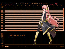 Rule 34 | 1girl, ahoge, armband, bare shoulders, black skirt, blue eyes, boots, character name, detached sleeves, female focus, full body, hand on own hip, headphones, high heel boots, high heels, highres, long hair, long skirt, looking at viewer, looking back, megurine luka, pink hair, side slit, skirt, sleeveless, solo, standing, tattoo, thighhighs, very long hair, vocaloid, yellow footwear, yukikaze (pg6sa az1)