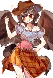 Rule 34 | 1girl, :d, bandana, black hair, black wings, brown hat, commentary request, cowboy hat, dress, hat, highres, horse tail, kurokoma saki, multicolored clothes, multicolored dress, off-shoulder dress, off shoulder, open mouth, pegasus wings, red eyes, short hair, simple background, smile, springarashi02, tail, touhou, v-shaped eyebrows, white background, wings