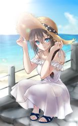Rule 34 | 1girl, alternate costume, aoyashio rin, blue eyes, blue skirt, braid, breasts, brown hair, cloud, commentary, day, dress, hair between eyes, hat, hat holding, high heels, highres, kantai collection, long braid, medium breasts, ocean, outdoors, shigure (kancolle), shore, single braid, skirt, smile, solo, squatting, straw hat, sundress, water