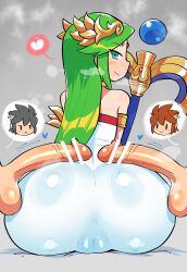 Rule 34 | 2boys, absurdres, ass, bar censor, blue dress, blush, cameltoe, censored, cleft of venus, closed mouth, dark pit, dress, erection, from behind, green hair, grey background, heart, highres, huge ass, kid icarus, large penis, laurel crown, long hair, looking at viewer, looking back, multiple boys, nintendo, palutena, penis, penis on ass, pit (kid icarus), rariatto (ganguri), sideways glance, simple background, sitting, smile, spoken heart, staff, testicles