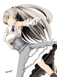 Rule 34 | 1girl, akino shuu, armpits, breasts, brown eyes, conte di cavour (kancolle), conte di cavour nuovo (kancolle), dress, feet out of frame, gloves, grey hair, kantai collection, large breasts, layered dress, long hair, simple background, solo, twitter username, two-tone dress, white background, white dress, white gloves