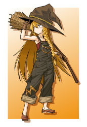 Rule 34 | 1girl, adjusting clothes, adjusting headwear, alternate costume, arm up, armpits, bad id, bad pixiv id, bare arms, bare shoulders, blonde hair, braid, broom, brown gloves, camisole, chemise, collarbone, gloves, hat, kirisame marisa, long hair, namakara exe, overalls, single braid, solo, touhou, very long hair, witch hat, yellow eyes