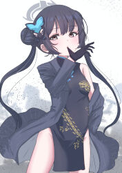 Rule 34 | 1girl, biting, black dress, black gloves, black hair, black jacket, blue archive, breasts, butterfly hair ornament, china dress, chinese clothes, double bun, dress, giorgio (yo sumire sola1), glove biting, gloves, grey eyes, groin, hair bun, hair ornament, halo, hand in pocket, highres, jacket, kisaki (blue archive), long hair, looking at viewer, mouth hold, off shoulder, pinstripe jacket, pinstripe pattern, small breasts, solo, striped, twintails