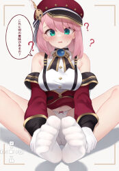Rule 34 | 1girl, ?, ayaya (ayaya ri), bare shoulders, blue gemstone, blush, bow, bow panties, breasts, cabbie hat, charlotte (genshin impact), check translation, cross-laced clothes, cross-laced sleeves, detached sleeves, embarrassed, feet, foot focus, foot pussy, gem, genshin impact, green eyes, hat, hat feather, highres, knees apart feet together, lace-up sleeves, looking at viewer, medium breasts, no pants, no shoes, open mouth, paid reward available, panties, pink hair, puffy detached sleeves, puffy sleeves, red hat, red sleeves, short hair, sitting, socks, soles, solo, sweatdrop, toe scrunch, toes, translated, translation request, underwear, viewfinder, white panties, white socks