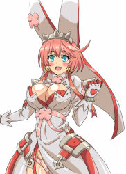 1girl, belt buckle, blue eyes, breasts, buckle, cleavage, clover, dress, earrings, elphelt valentine, four-leaf clover, gloves, guilty gear, guilty gear xrd, hairband, heart, jewelry, large breasts, panties, pink hair, short hair, spiked hairband, spikes, underwear, white dress, white gloves, white headwear