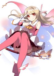 Rule 34 | 1girl, ankle wings, boots, cape, dress, elbow gloves, fate/kaleid liner prisma illya, fate (series), feather hair ornament, feathers, flying, gloves, hair ornament, highres, illyasviel von einzbern, kaleidostick, lia-sama, long hair, magical girl, pink footwear, pink thighhighs, prisma illya, red eyes, skirt, solo, thigh boots, thigh strap, thighhighs, v, v over eye, wand, white hair, wings