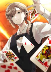 Rule 34 | 1boy, ahoge, black bow, black bowtie, black vest, blurry, blurry background, blurry foreground, bokeh, bow, bowtie, brown hair, card, commentary request, depth of field, earrings, formal, from below, green eyes, highres, indoors, jewelry, kanae (nijisanji), looking at viewer, looking down, male focus, mole, mole under eye, nana72710193, nijisanji, playing card, ponytail, shirt, short ponytail, solo, swept bangs, upper body, vest, virtual youtuber, white shirt